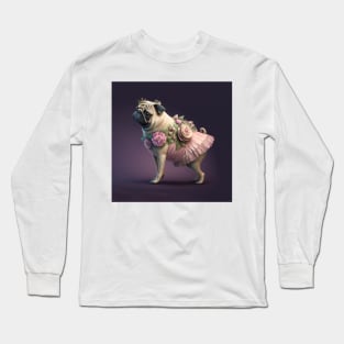 Pug Dog in Pink Flower Dress Long Sleeve T-Shirt